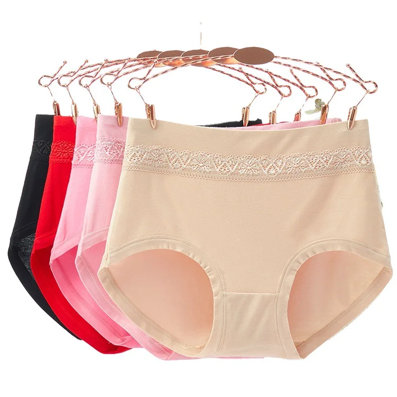 5Pcs/Lot Mid Waist Abdomen Cotton Briefs Plus Size Striped Panties Lace Underwear Lingerie Antibacterial Modal Underpants XL XXL