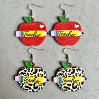 colored leopard wooden pencil on apple earrings for women appreciation gift back to school jewelry teacher gift free shipping
