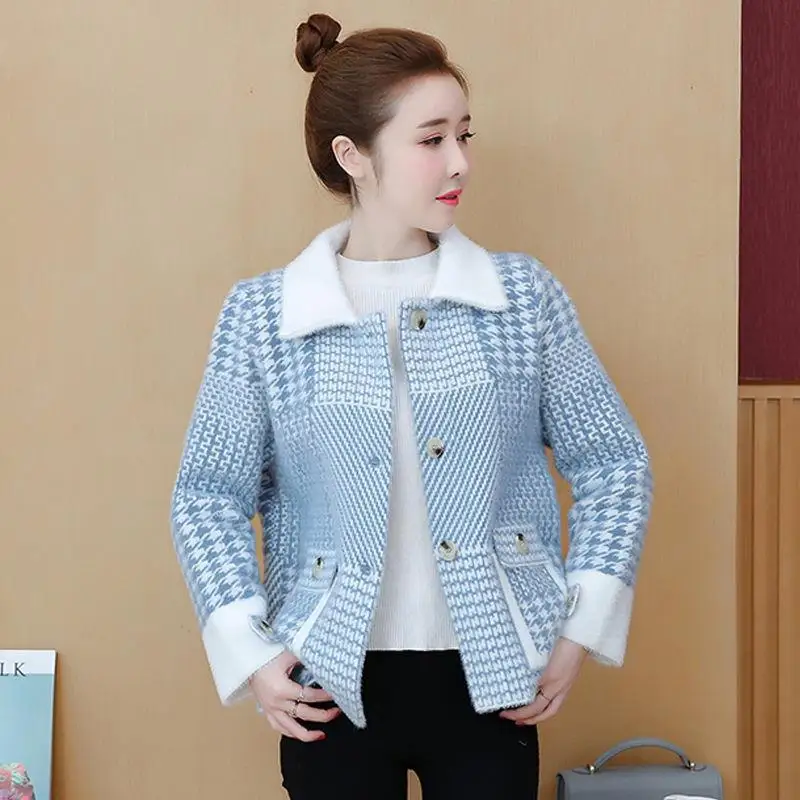

Новинка Осень-зима 2021 Корейская версия вязаный кардиган из шерсти норки в клетку свитер Свободное пальто из искусственной норки