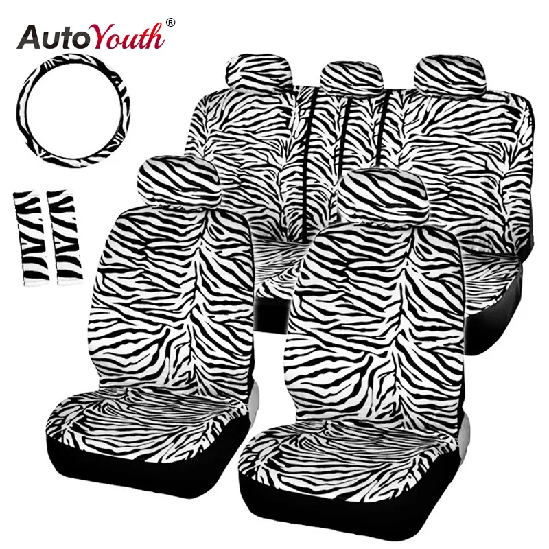 

AUTOYOUTH Short Plush Luxury Zebra Seat Covers Universal Fit Most Car Seats Steering Wheel Cover Shoulder Pad White Seat Cover