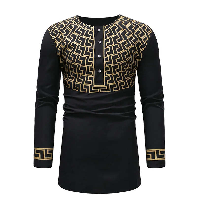 Мужская рубашка с принтом Дашики черного и золотого цвета длинная круглым