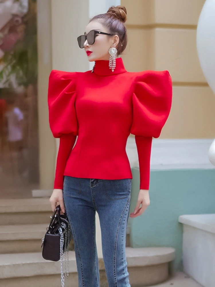 

Sexy Multi Wearing Blouse Women's Long Puff Sleeve Ruched Slim Space Cotton Shirt Streetwear Female Spring Fall Fashion