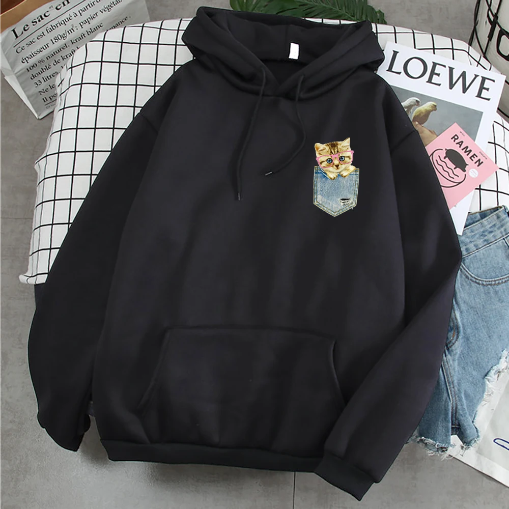 Толстовка мужская с карманом и принтом милого кота Повседневная Свободная аниме