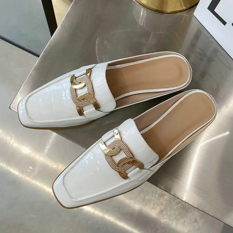 

Sianie Tianie Genuine Natural Leather Summer Womens Flat Shoes Crystal Glitter Metal Chain High-end Woman Slides Mules Slippers