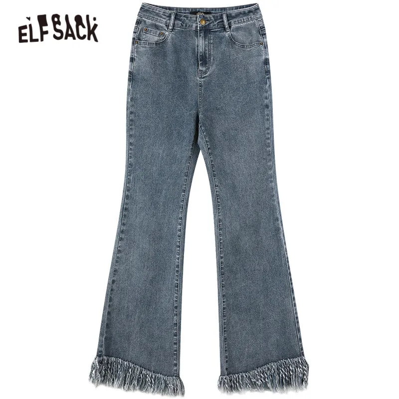 

ELFSACK Blue Solid High Waist Washed Casual Flare Jeans Women,2021 Spring Pure Raw Gem Minimalist Ladies Basic Daily Trousers