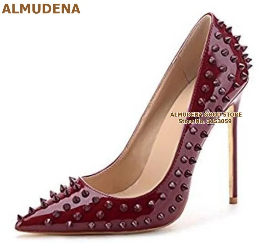 wine red 12cm heel ALMUDENA/туфли-лодочки с заклепками на каблуке 12 см, 10 см, 8 см модельные туфли с острым носком на шпильке дизайнерская Свадебная обувь с закрытым носком размеры 45 - Цвет: wine red 12cm heel