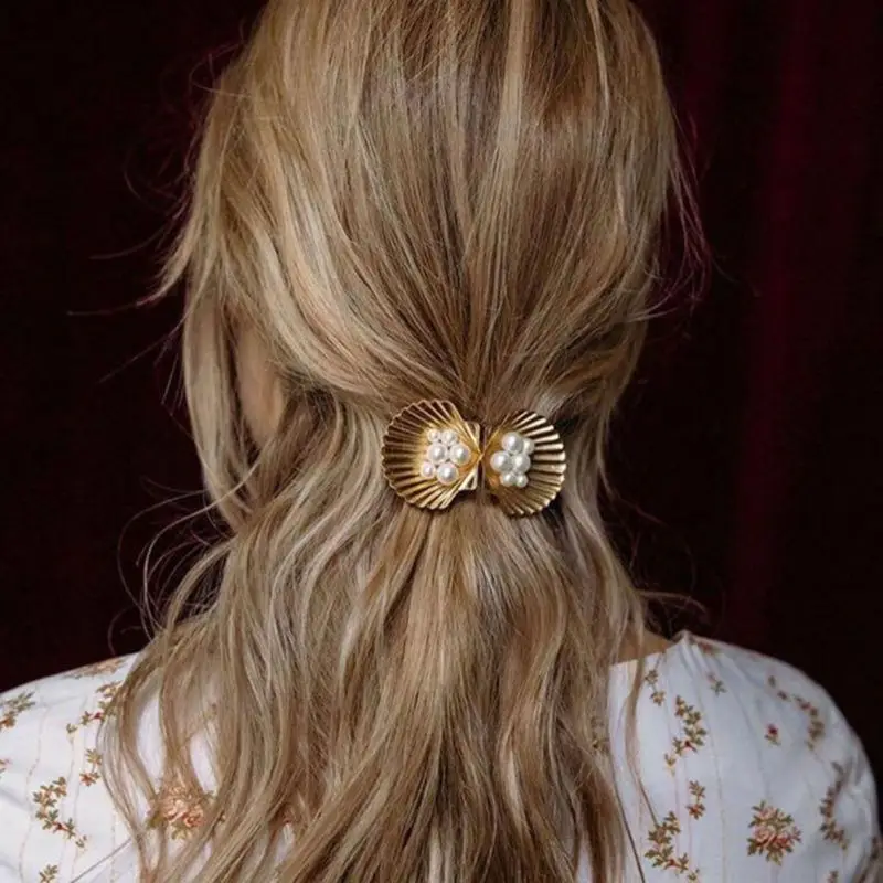 Marine Style Women Metallic Gold Duckbill Hair Clip Faux Pearl Rhinestone Starfish Shell Hairpin Beach Holiday Wedding Barrette