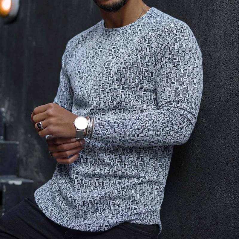 Casual Long Sleeve Plaid Print T-Shirt Men Autumn Fashion O-Neck Pullover Spring Male Plus Size Striped Top Tee Streetwear image 3