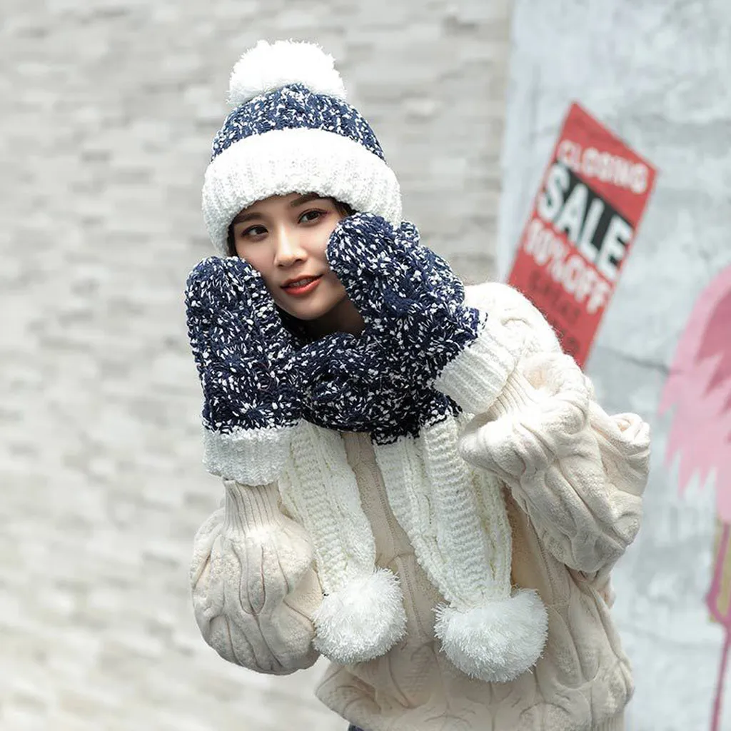 Модная зимняя женская вязаная шапка Venonat из 3 предметов+ шарф+ перчатки, комплект зимних аксессуаров, шарф, шарфы с помпонами, зимние шапки