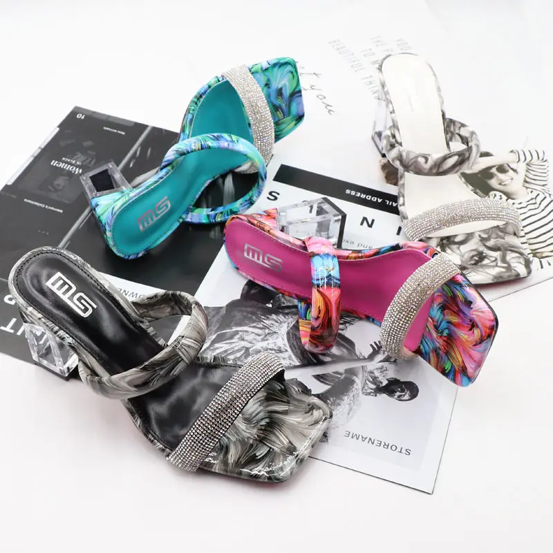

2021 Summer New Open Toe Floral Ankle-Strap High Heel Sandals All-Matching Sexy Rhinestone Outer Wear Large Size Sandals