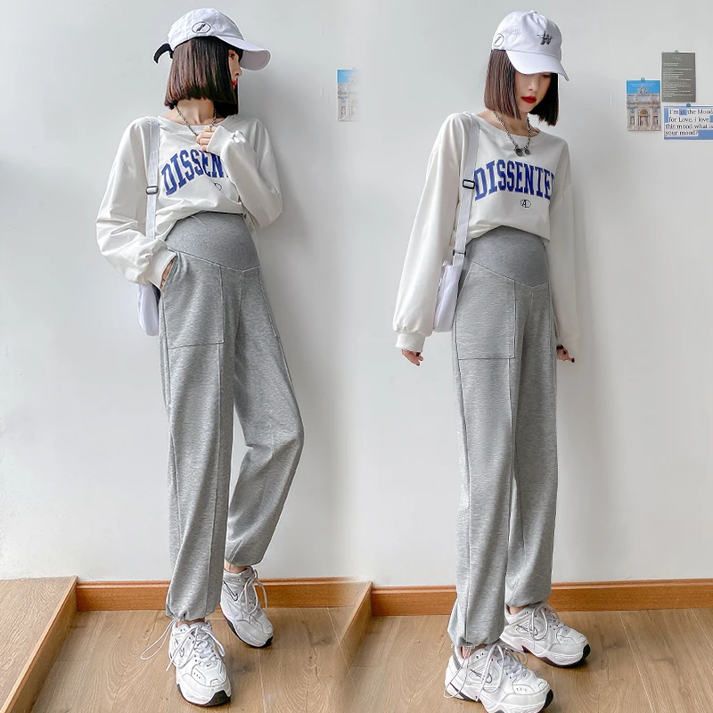 

3380# Autumn Korean Fashion Cotton Maternity Long Jogger Pants Wide Leg Loose belly Clothes for Pregnant Women Pregnancy Chic