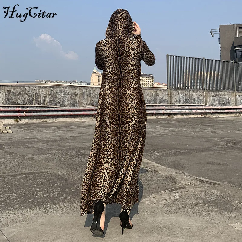 Hugcitar leopard print long sleeve hooded trench coats autumn winter women streetwear windbreak outfits