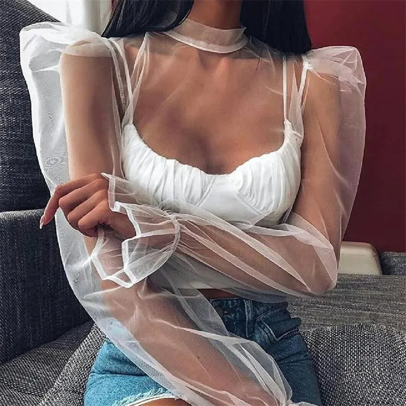 Женские прозрачные блузки новинка топы с длинными рукавами-фонариками из