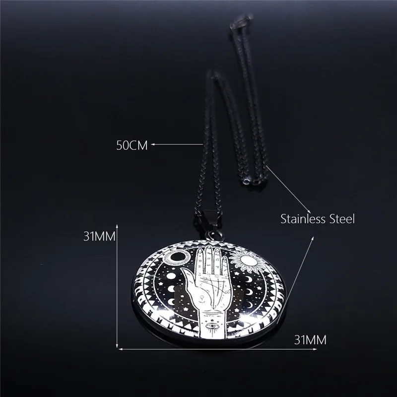 

Witchcraft Divination Sun Moon Hand Divination Glass Stainless Steel Necklace Women/Men Black Color Jewelry collier N5145S03