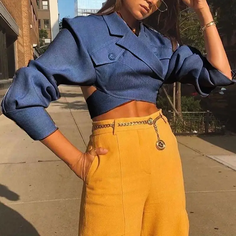 Misswim Elegant long sleeve crop top Blazer coat women Autumn buttons blazer female Cross strap fashion outwear Streetwear new