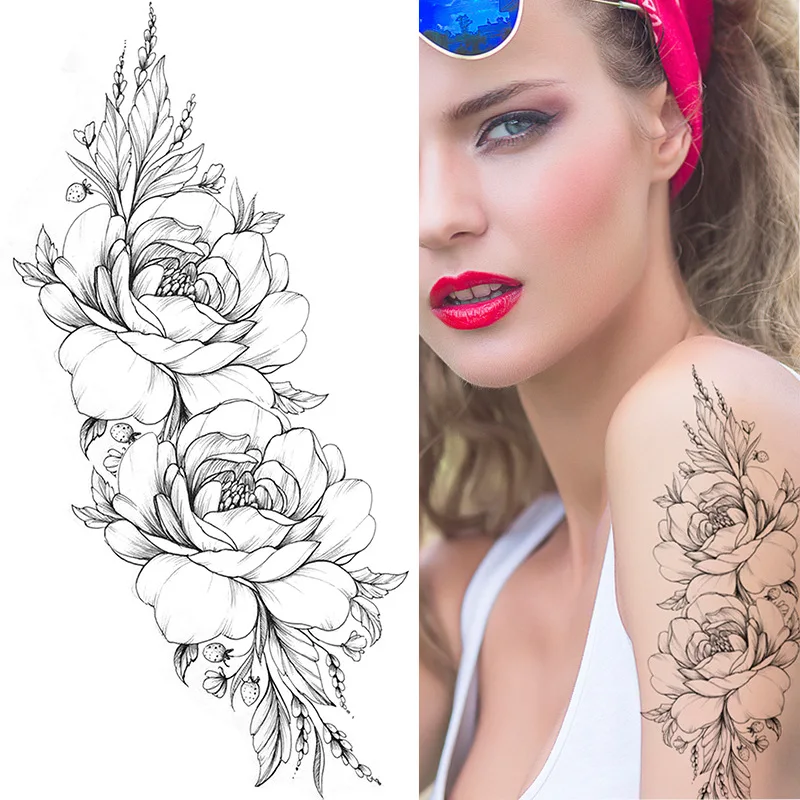 Temporary Tattoos Stickers Large Black Water Transfer Tattoos Stickers for Women Long Lasting Waterproof Rose Flowers Body Decal