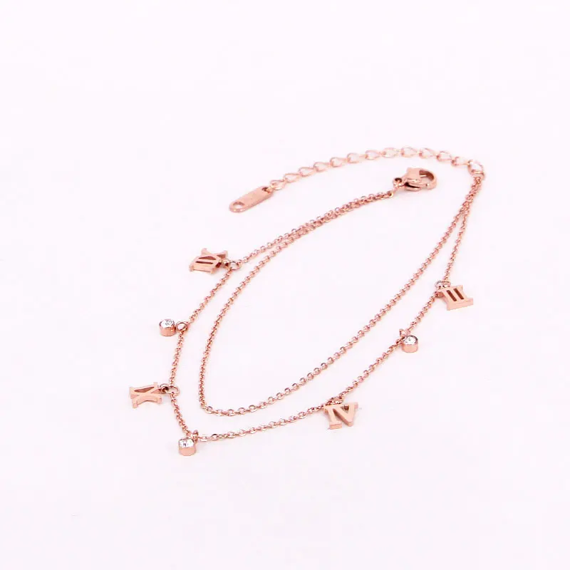 

Double-layer Classic Design Roman Numeral And 3 Zircon Anklet Stainless Steel Rose Gold Color Anklet Woman Love Valentine Gift