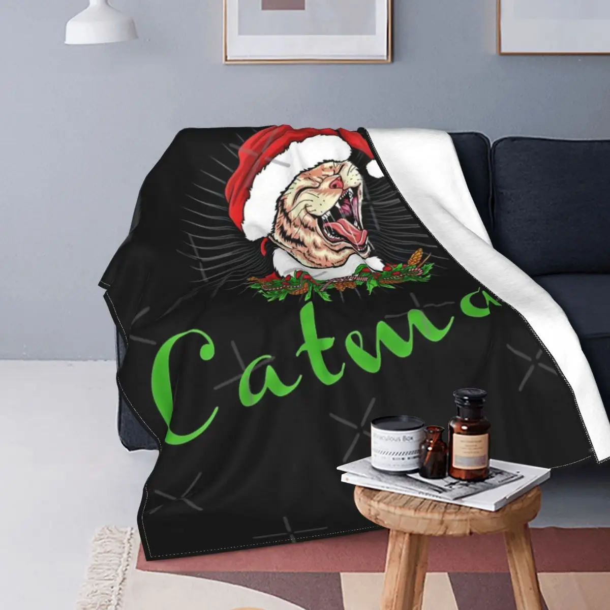 

Meowy-Manta divertida de gato navideño, colcha para cama a cuadros, cubierta de sofá a cuadros, manta con capucha para camas