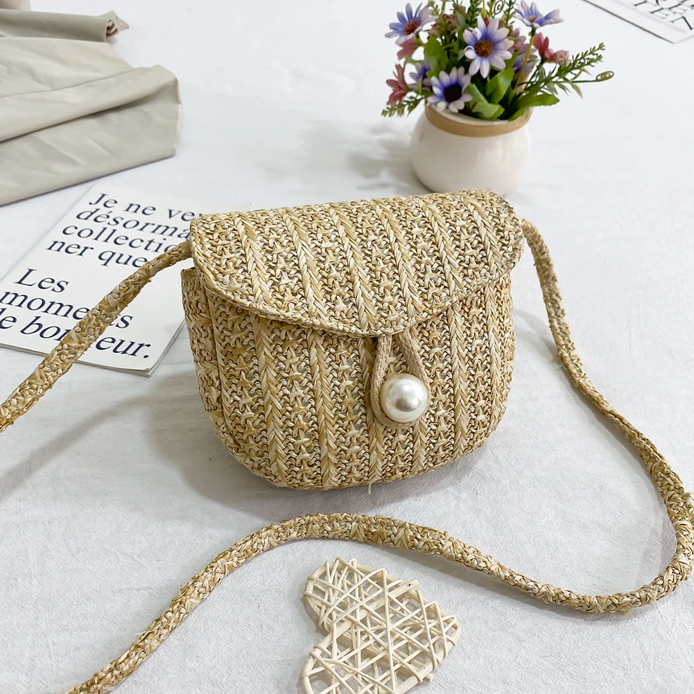 

Rattan Woven Straw Bag Summer Women Pearl Messenger Crossbody Bags Girls Small Beach Purse Shoulder Handbag