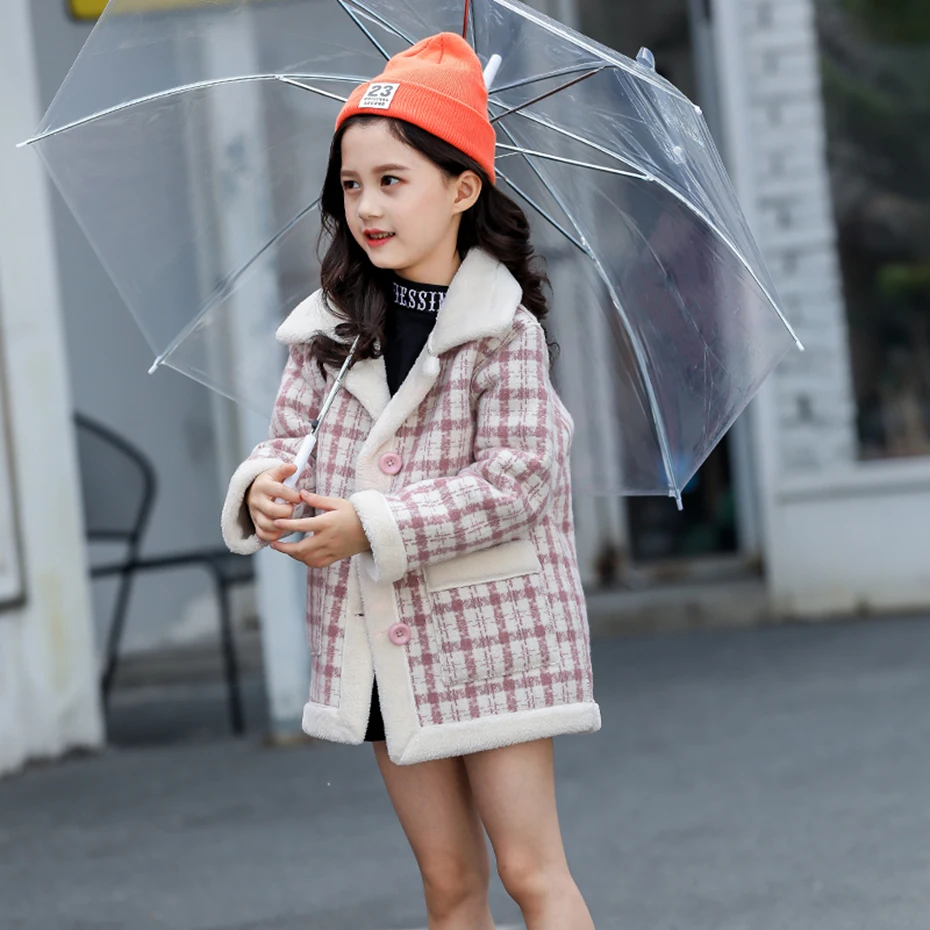 Плотное пальто для девочек шерстяное в клетку детская верхняя одежда из плюша