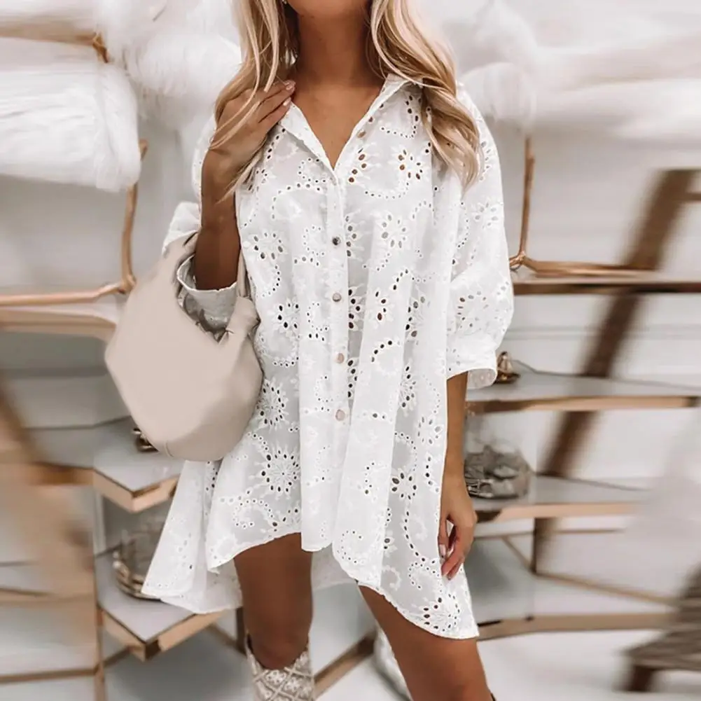 

2021 Newest Women Sexy Hollow Out Shirt Dress Ladies Elegant Solid White Buttons Mini Dress Casual Turn-Down Collar Loose Dress