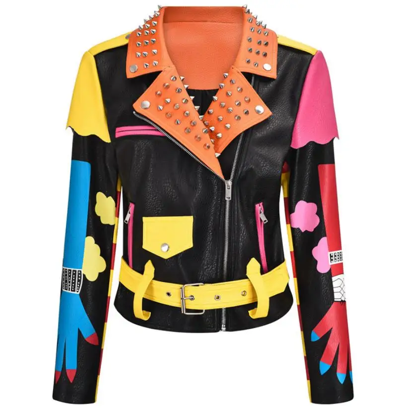 

Женская кожаная куртка в стиле панк, короткая куртка из искусственной кожи с заклепками и поясом, с принтом в стиле граффити, осень