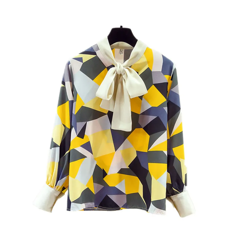 

Autumn 2020 New Geometric Color Matching Printed Lace-up Shirt Female Design Sense Niche Chiffon Long-sleeved Women GX1413