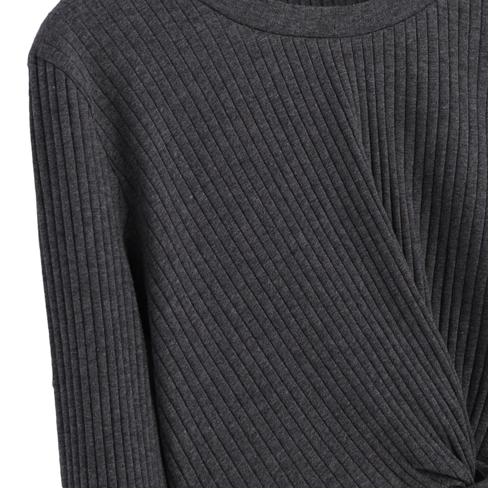 ZAFUL Women Dark Grey Twist Front Ribbed Knit Crop Casual Top Autumn Long Sleeve Form Fitted Basic Teenagers Sweater Tee | Женская
