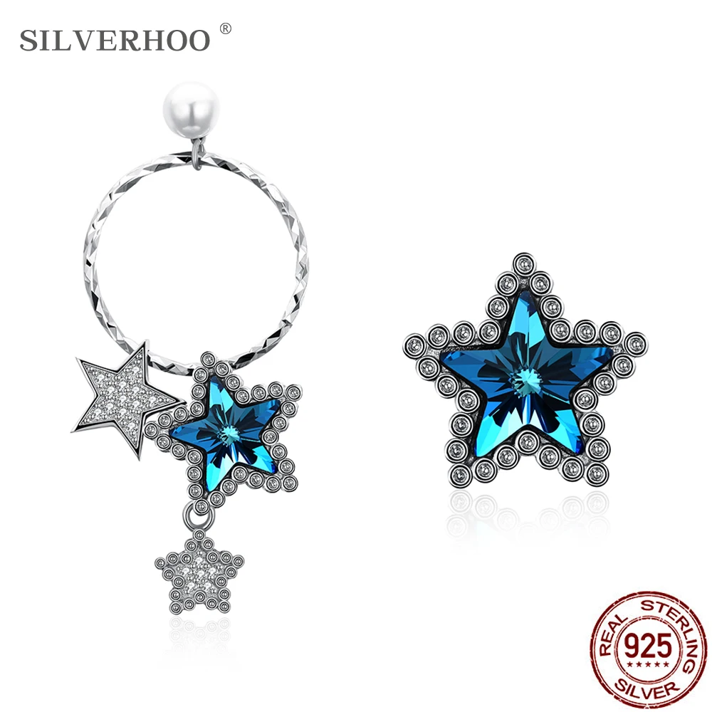 

SILVERHOO Drop Earrings Shining Austria Crystal Star And Pearl 925 Sterling Silver Wedding Jewelry For Women Christmas Earrings