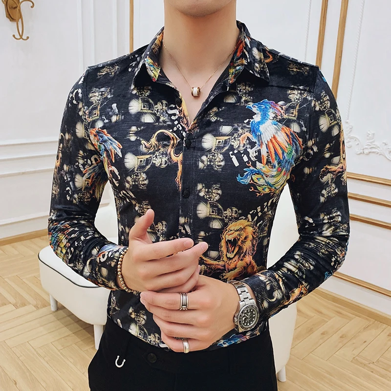 Мужская рубашка с цветочным принтом деловая бархатная в стиле ретро пуговицами
