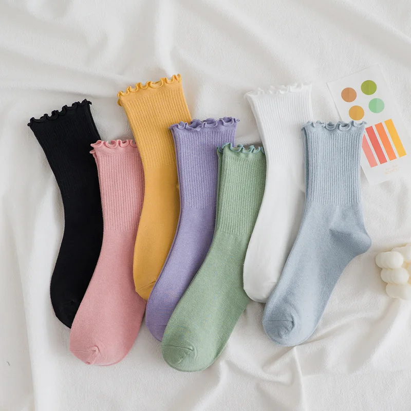 

Socks Women's Autumn and Winter Cotton Lace Socks Solid Color Stringy Selvedge Retro Ankle Boots Foot Sock Mid-Calf Length Socks