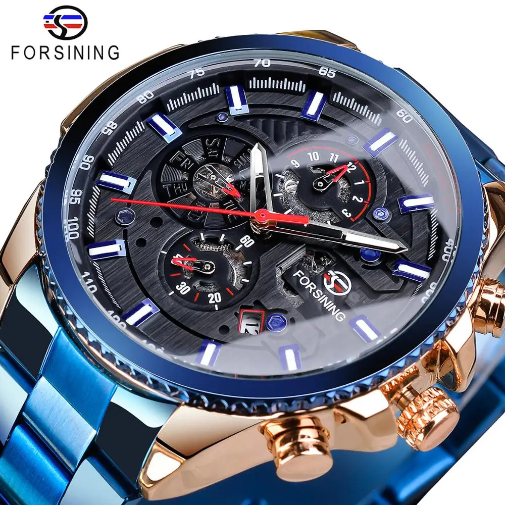 GMT1137-14 Forsining, лидер продаж, механические Автоматические Мужские часы, черные, нержавеющая сталь, водонепроницаемые, с календарем, 3 циферблата, модные, деловые, мужские часы - Цвет: GMT1137-14