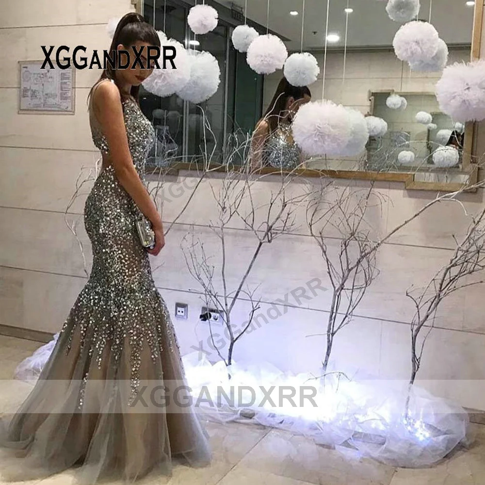 

Elegant Long Mermaid Evening Dress 2021 Sparkly O Neck Beaded Sequins Formal Women Prom Dress Tulle Gala Party Gown