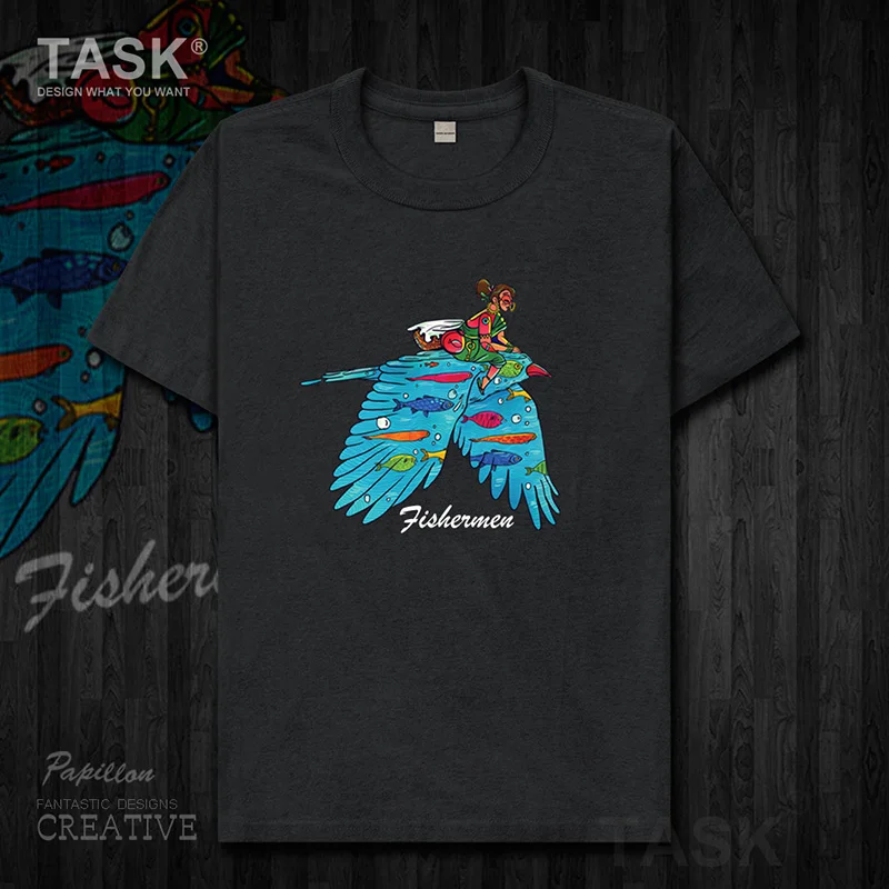 

Men t-shirt personality Fishermen Illustration funny print comfort slim cotton short sleeve clothes fashion Streetwear 01 0002