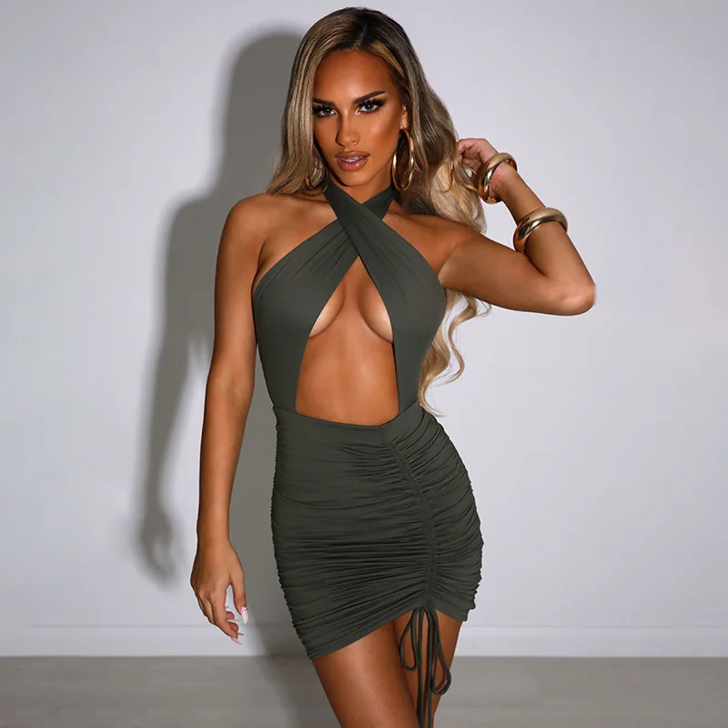 

Summer Mini Dresses for Women 2021 Fashion Sexy Slim Cross Neck Hollow Sleeveless Backless Drawstring Fold Bodycon Halter Dress