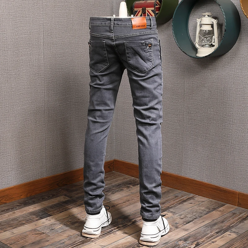 

Streetwear Casual Trousers Light Gray Fashion Designer Men Jeans Elastic Slim Fit Punk Jeans Men Korean Style Denim Pencil Pants