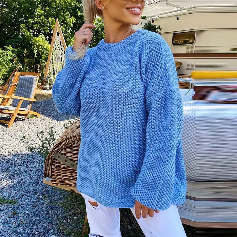 Женский пуловер Вязаный Свитер оверсайз свободный утепленный однотонный