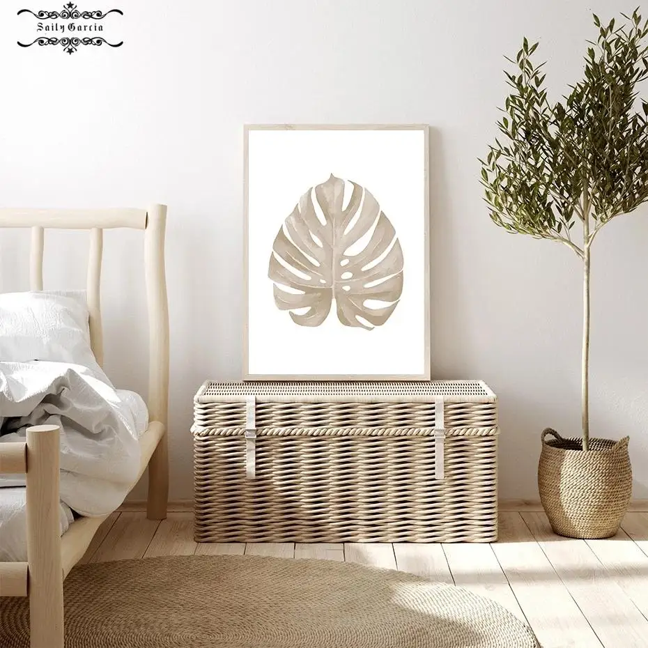 Акварель принт тропических листьев бежевая экзотическая листва холст постер