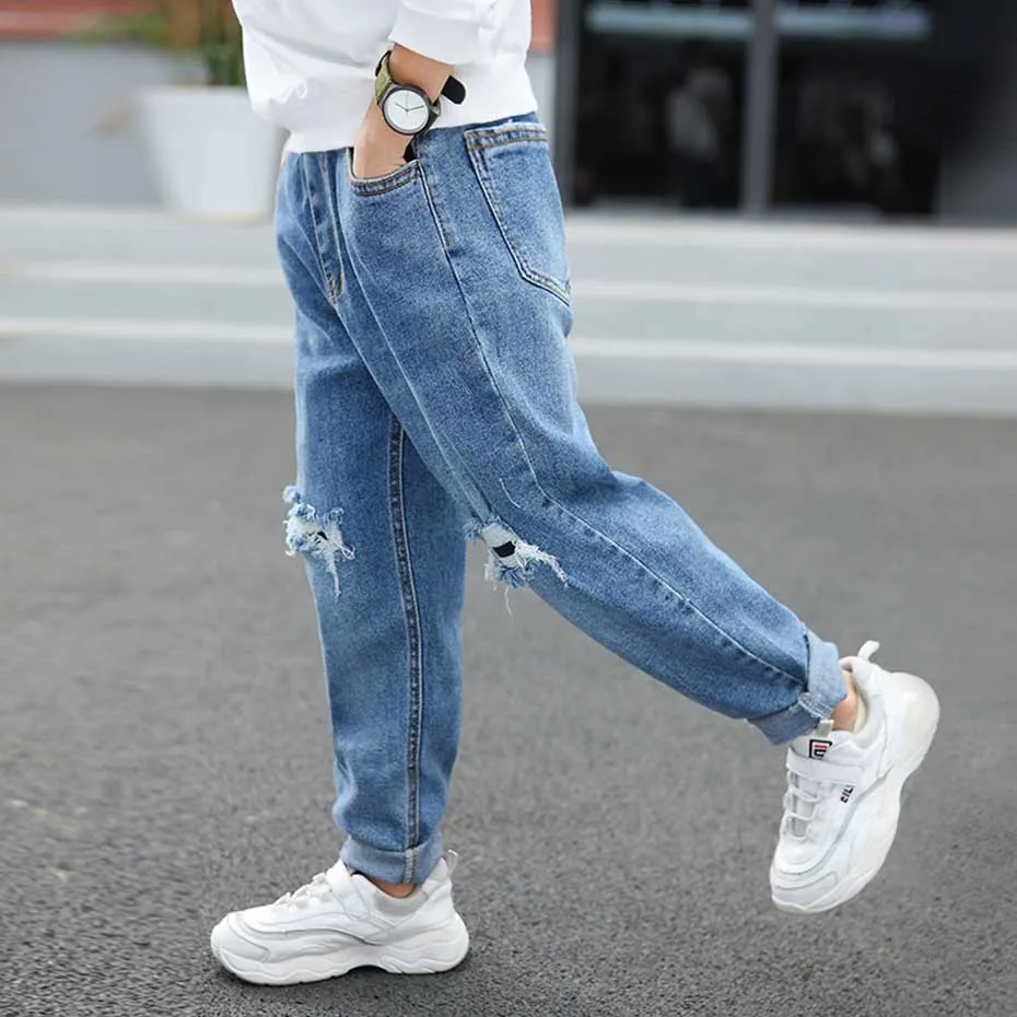 Джинсы с дырками для мальчиков модные штаны эластичным поясом повседневные