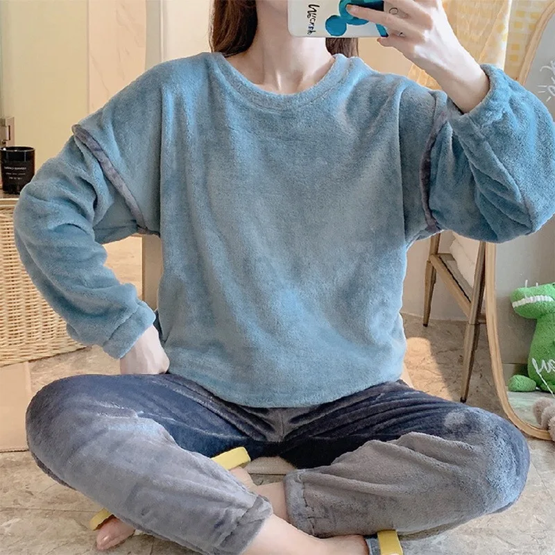 

Women Winter Flannel Pajama Set Fleece Pajamas Sleepwear Homewear Thick Warm Velvet Female Suit Fall Sweatshirt Ladies Pyjama