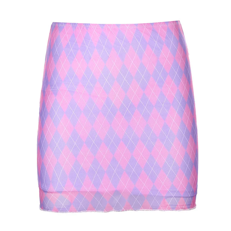 

Double Layer Pink Mesh Bodycon Pencil Skirt Summer High Waisted Mini Skirts Womens Argyle Print Short Skirt Clubwear