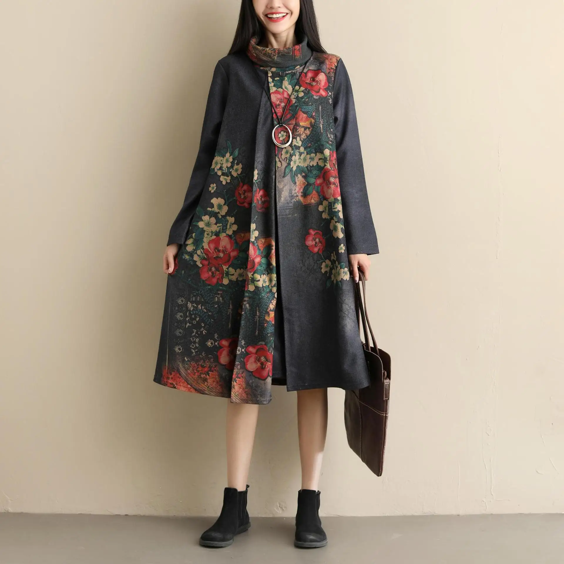 

Chinese style printed dress women's autumn and winter dress retro high collar long sleeve large size cover belly show thin