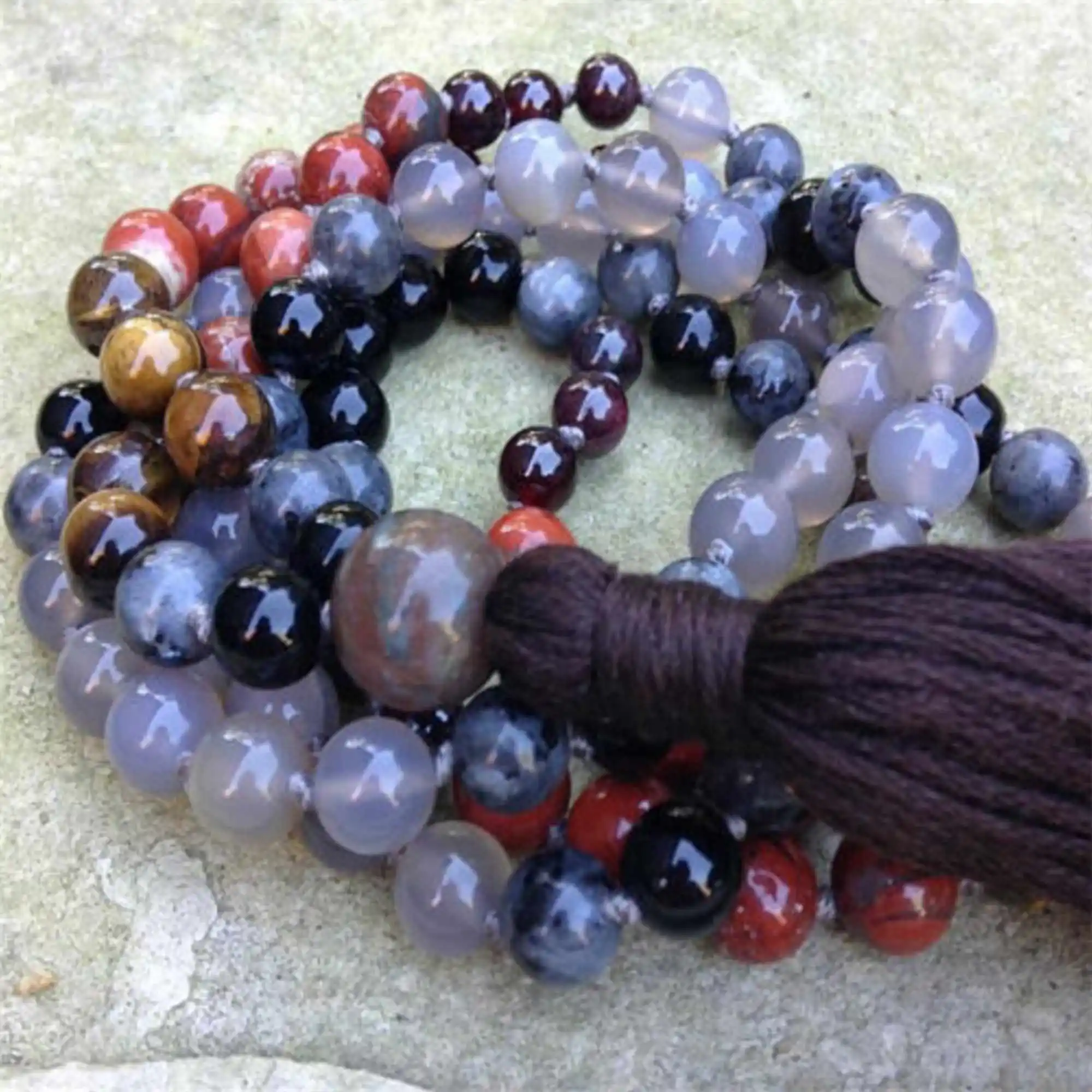 

8mm Moonstone Tiger Eye agate Gemstone Tassel Mala necklace Seven Chakras Pray Handmade Energy Elegant Dark Matter Christmas