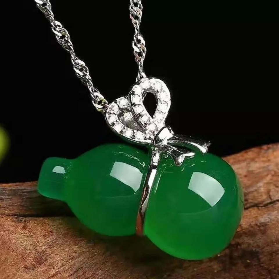 

925 Silver Natural Chalcedony Green Jade Agate Gourd Pendant Necklace Fashion Charm Jewelry Amulet Gifts Women Customized