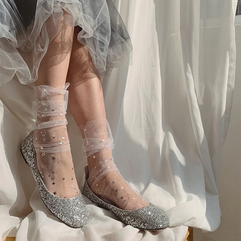 Тонкие носки с блестящими звездами женские прозрачные длинные женское платье