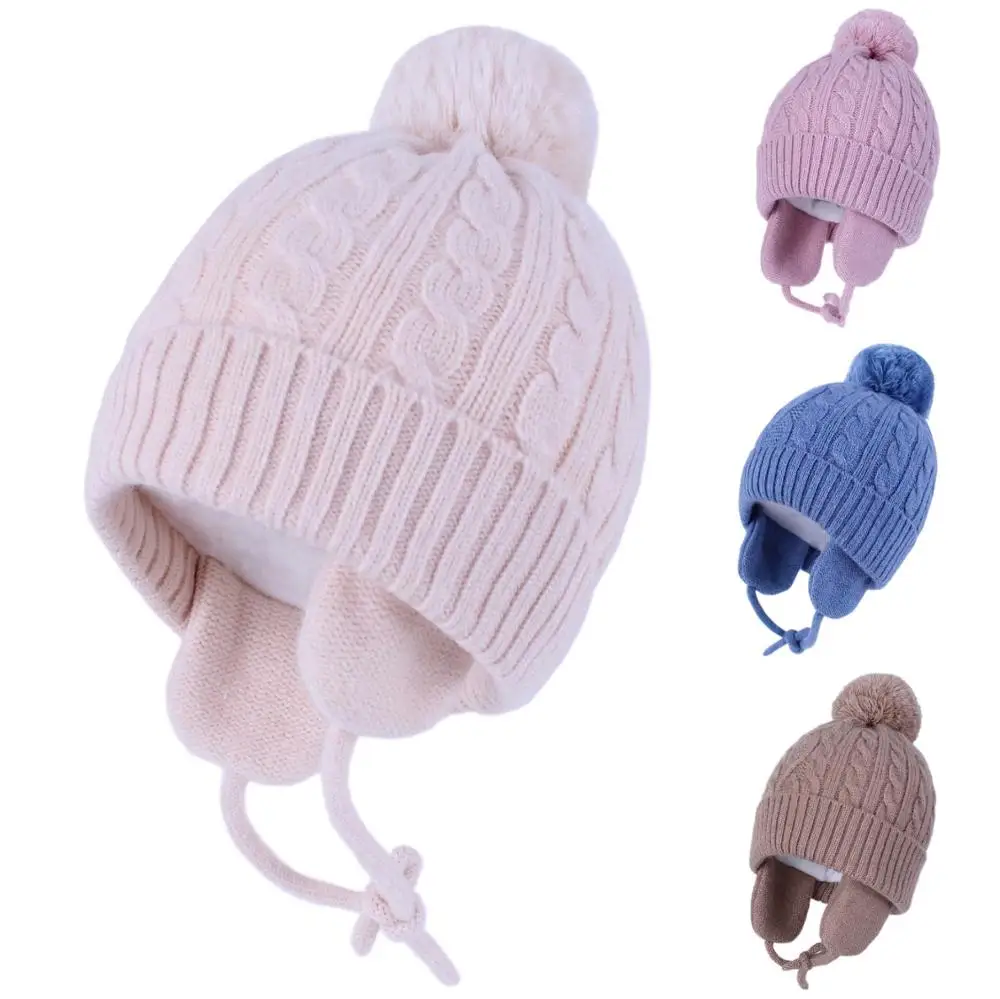 Connectyle Toddler Baby Girls Boys Winter Skull Hat Cute Cable Fleece Lined Warm Knitted Earflap For Kids Daily Cap With Pom | Аксессуары