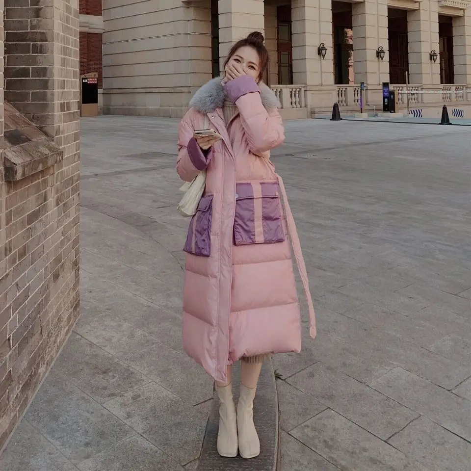 

Fur Collar Parkas Women Fashion Patchwork Pink Coats Women Elegant Slim Waist Long Cotton Jacket Female Ladies Outerwear