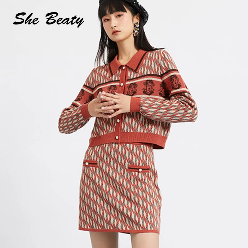 

Two Pieces Sets Women 2021 Autumn Winter Knitted Cardigan Tops And Mini Skirt Vintage Suit Casual High Street Ladies Y2k Outfits
