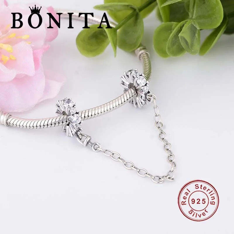 Authentic 925 Sterling Silver Clear Sparkle Safety Chain Charm Fit Original Pan Charms Bracelet DIY Jewelry | Украшения и