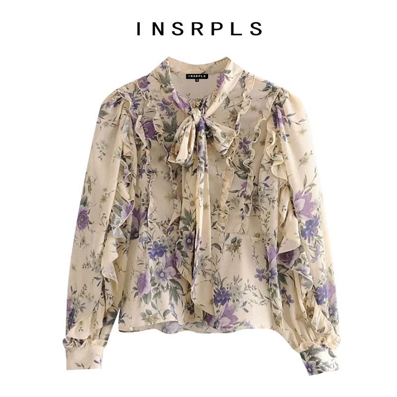 Женская шифоновая блузка с оборками длинным рукавом и бантом|Рубашки| |